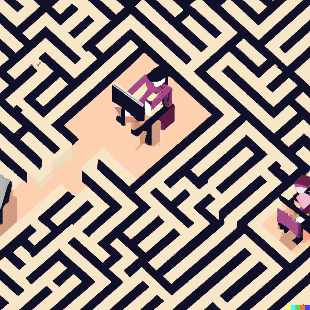 Generated image of bird's eye view of two students of two different genders writing on laptops in the middle of a maze in an 8-bit computer animation style