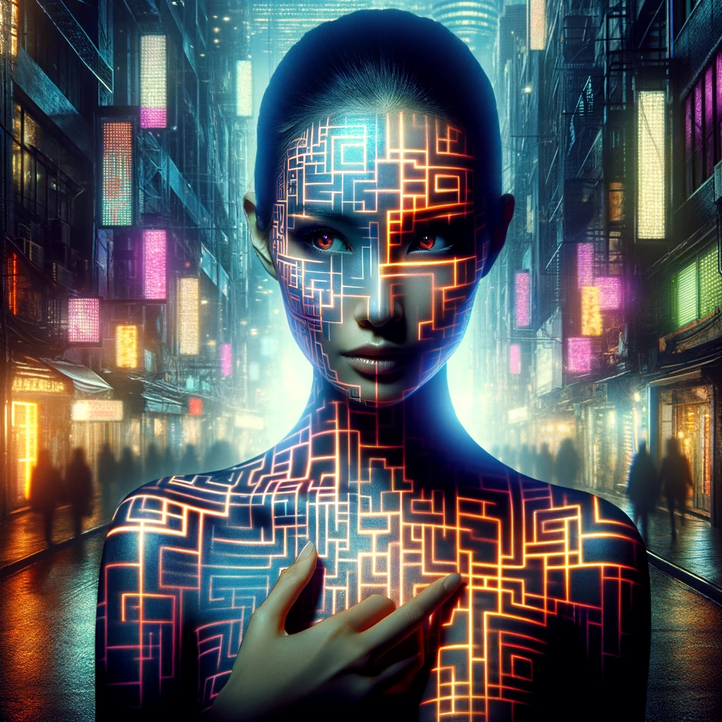 DALL-E Generated image of a woman with a maze overlaid over her.