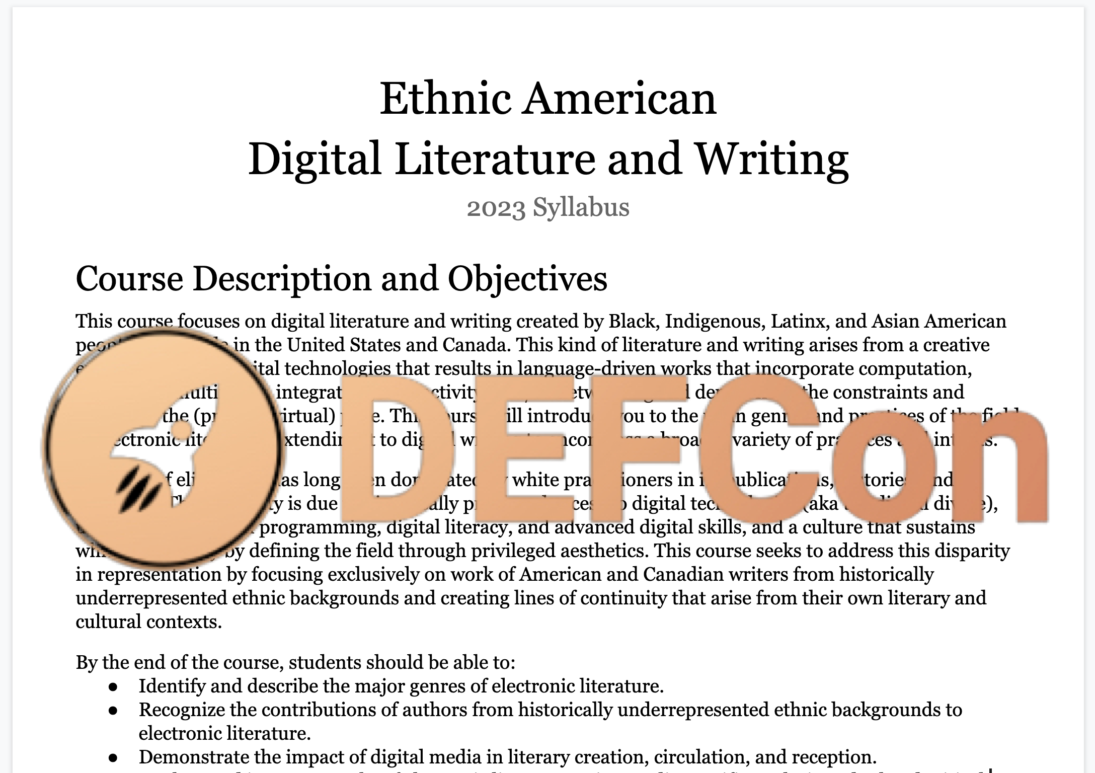 New Syllabus: Ethnic American Digital Literature and Writing