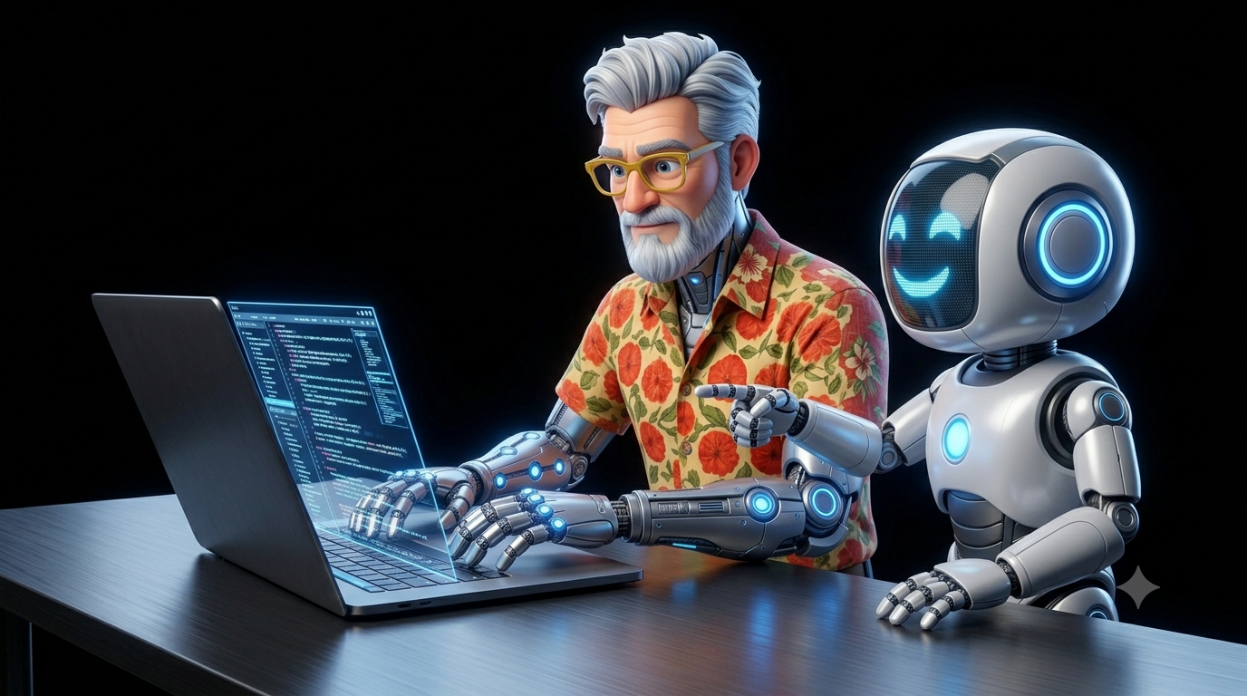 Image of Cyberleo-- a cyborg version of Leonardo Flores-- typing on a laptop with a friendly robot pointing at the screen. Image generated by Gemini.
