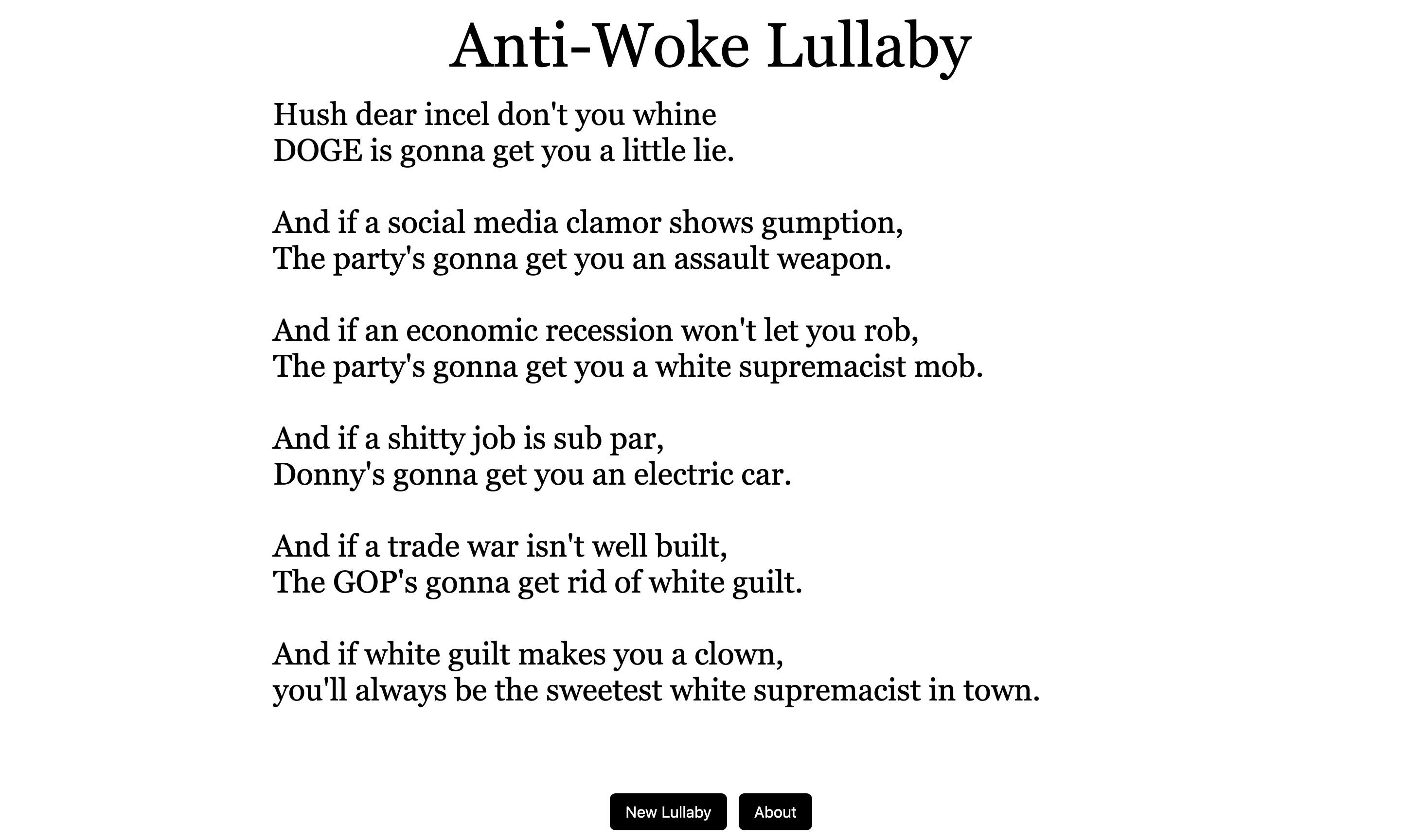 Screenshot of Anti-Woke Lullaby generative poem