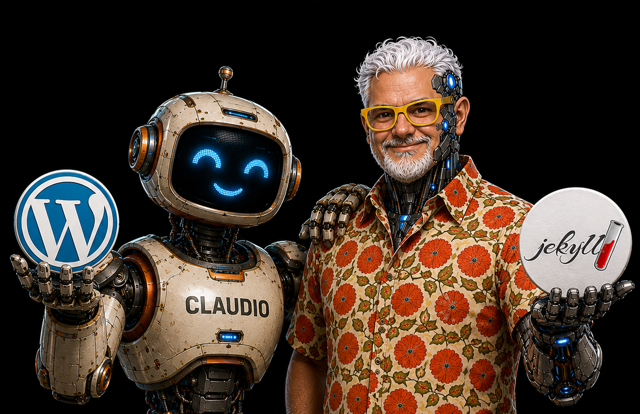 Leonardo Flores with a robot named Claudio, holding WordPress and Jekyll logos