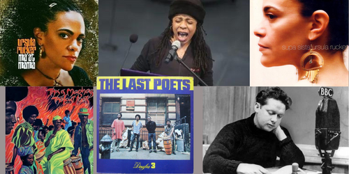 Composite image of recording poets: The Last Poets, Dylan Thomas, Ursula Rucker, and Tracie Morris