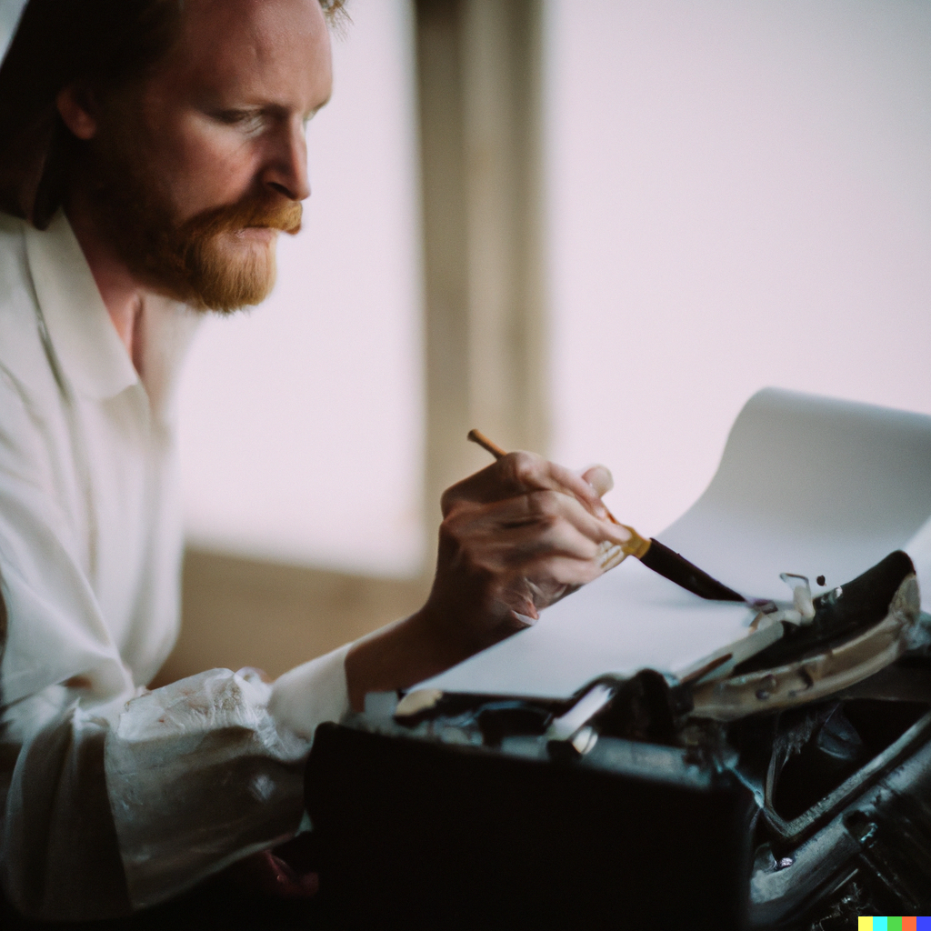 Poet using paintbrush on typewriter paper