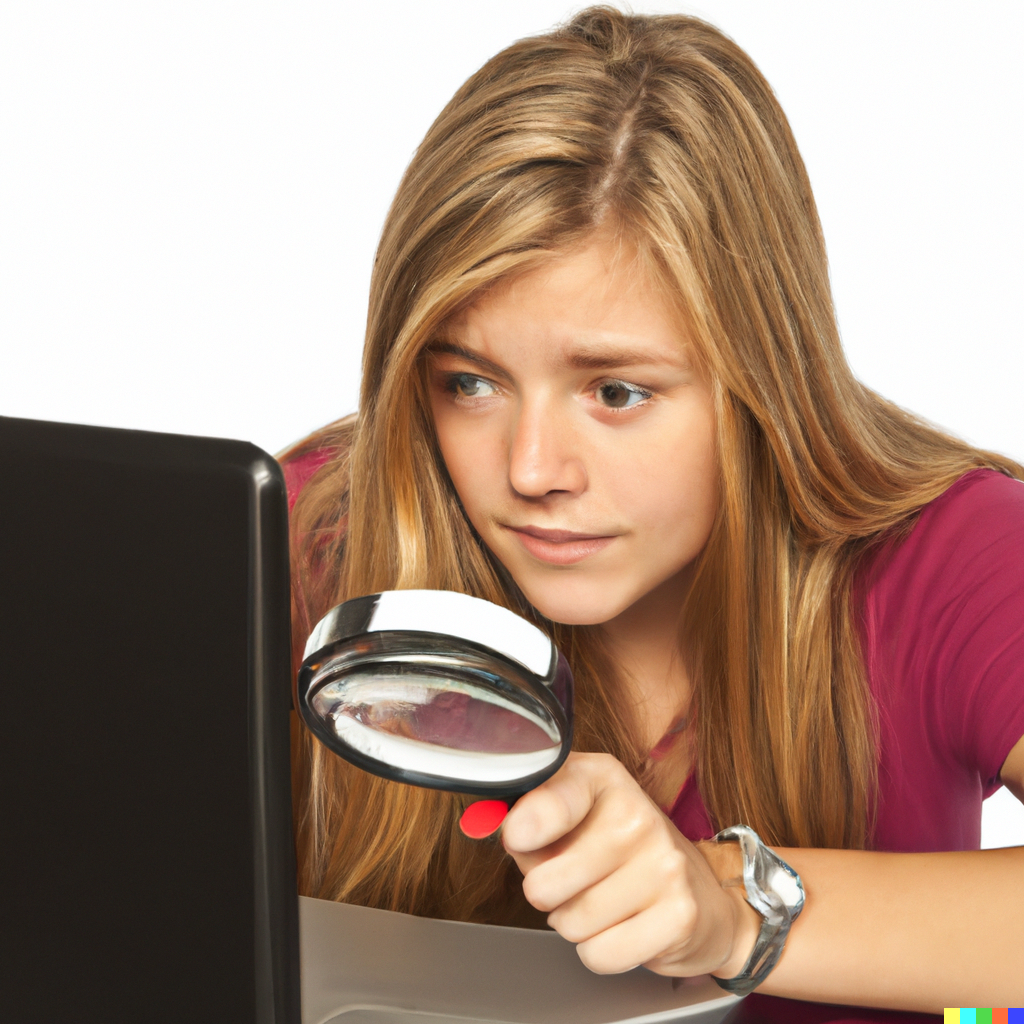 college student looking through a magnifying glass onto a laptop