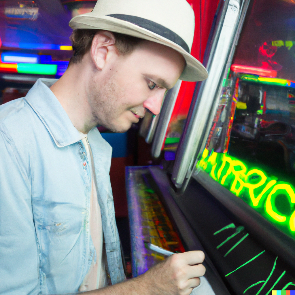 Poet writing on videogame arcade