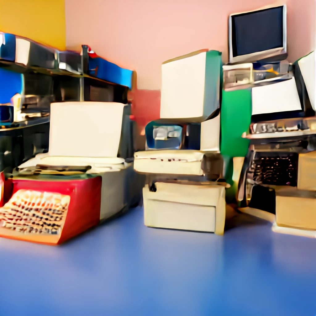 colorful room with printing press, typewriters, computers, gaming consoles, ipads, television, pen, paper, microphones, and other writing implements