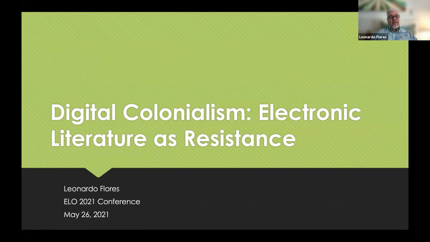 Screenshot of slideshow title: Digital Colonialism: Electronic Literature as Resistance