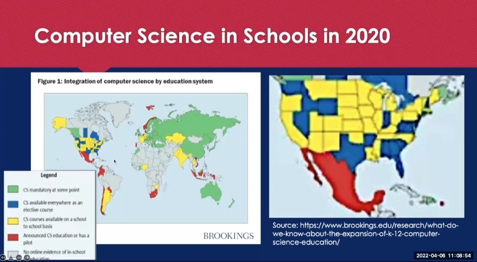 Slide from presentation showing maps of the world and information on CS education.