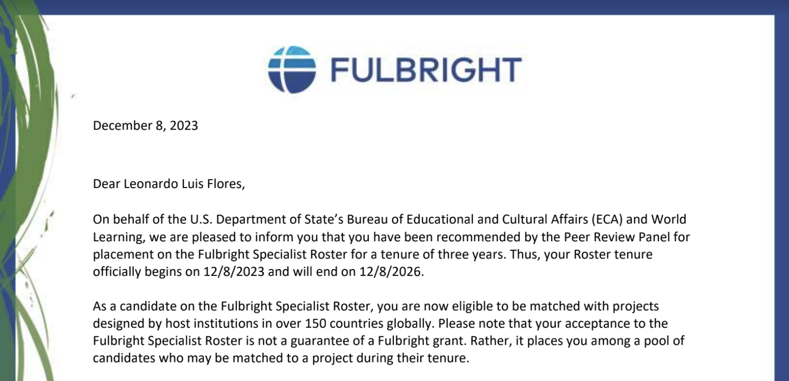screenshot of letter to Leonardo Flores admitting him to the Fulbright Specialist Program.